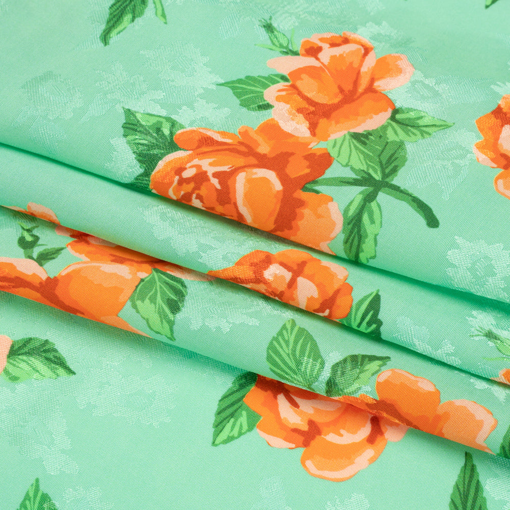 Floral Viscose Jacquard Print - Mint Green and Orange Floral - Mood Exclusive Robin's Egg Rose Full
