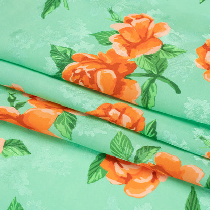 Floral Viscose Jacquard Print - Mint Green and Orange Floral - Mood Exclusive Robin's Egg Rose Full