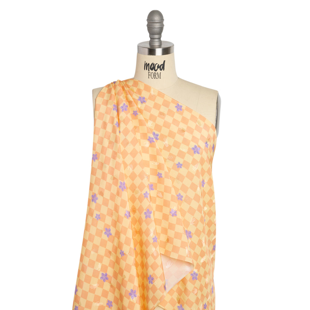 Hands Viscose Jacquard Print - Peach Floral Checkerboard - Mood Exclusive Dippin' Disco Detail