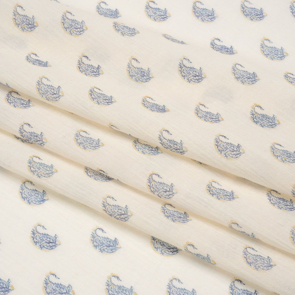 Crinkled Cotton Gauzy Woven Print - Cream and Blue Paisley - Mood Exclusive Bit of Bloom Folded