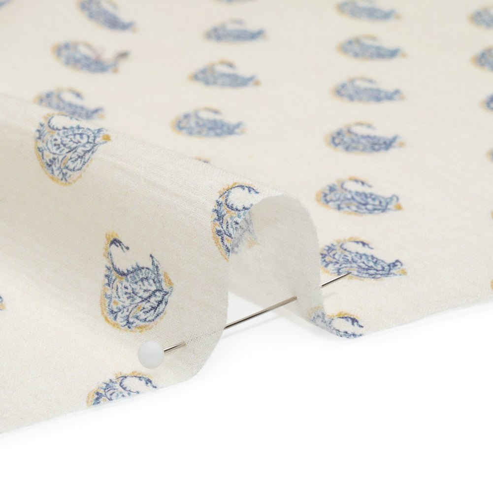 Crinkled Cotton Gauzy Woven Print - Cream and Blue Paisley - Mood Exclusive Bit of Bloom Detail