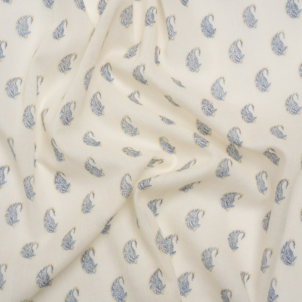 Crinkled Cotton Gauzy Woven Print - Cream and Blue Paisley - Mood Exclusive Bit of Bloom