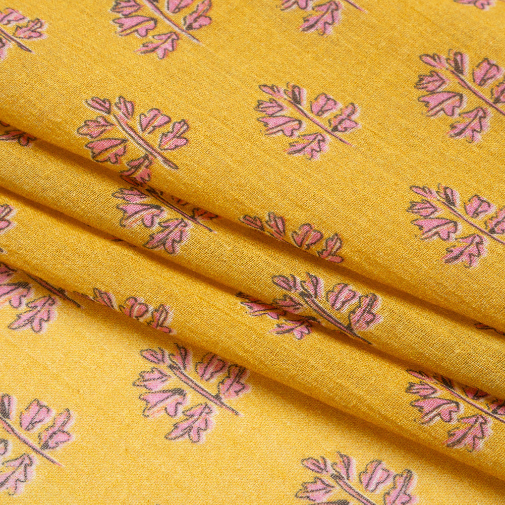 Crinkled Cotton Gauzy Woven Print - Yellow and Pink Leaves - Mood Exclusive Fields of Gold Folded