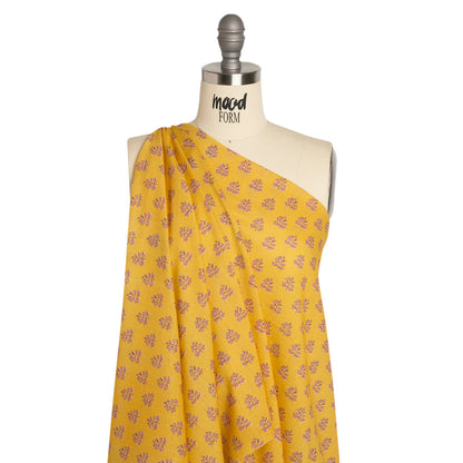 Crinkled Cotton Gauzy Woven Print - Yellow and Pink Leaves - Mood Exclusive Fields of Gold Drape