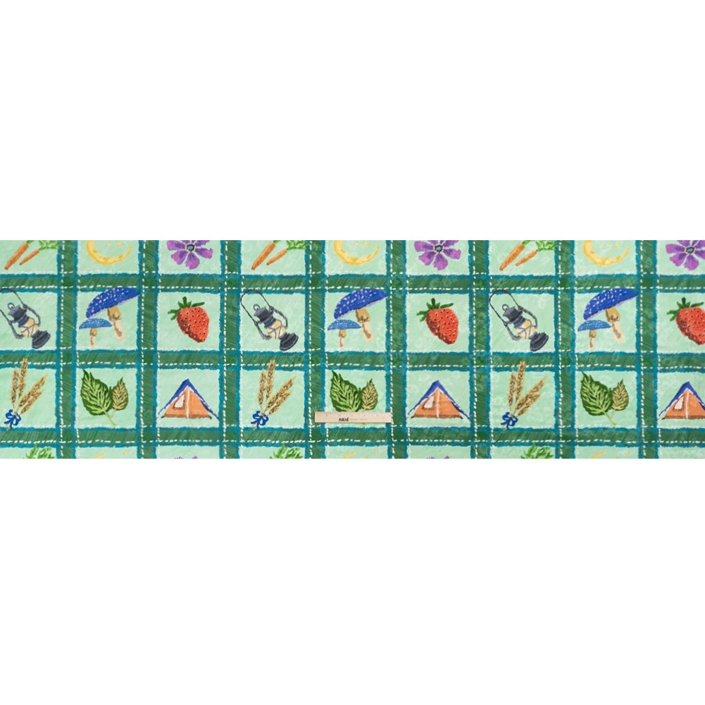 Floral Viscose Jacquard Print - Green Outdoorsy Icons Grid - Mood Exclusive Take a Hike Drape