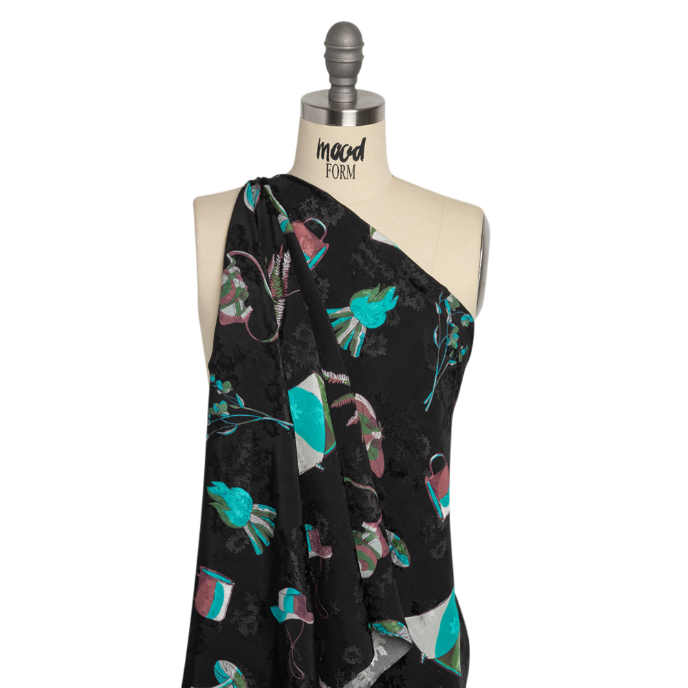 Floral Viscose Jacquard Print - Black, Blue and Red Camping Icons - Mood Exclusive Friend of Fern Detail