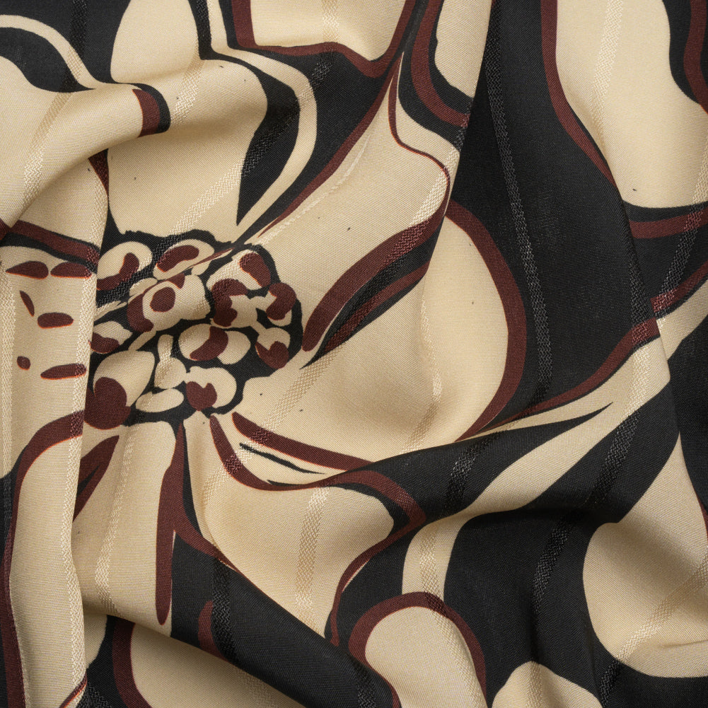 Striped Viscose Jacquard Print - Black, Burgundy and Beige Floral - Mood Exclusive Ground Level