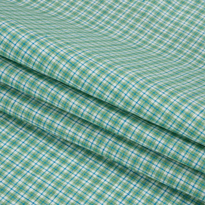 Grass Green, Blue and White Plaid Medium Weight Linen Woven Folded