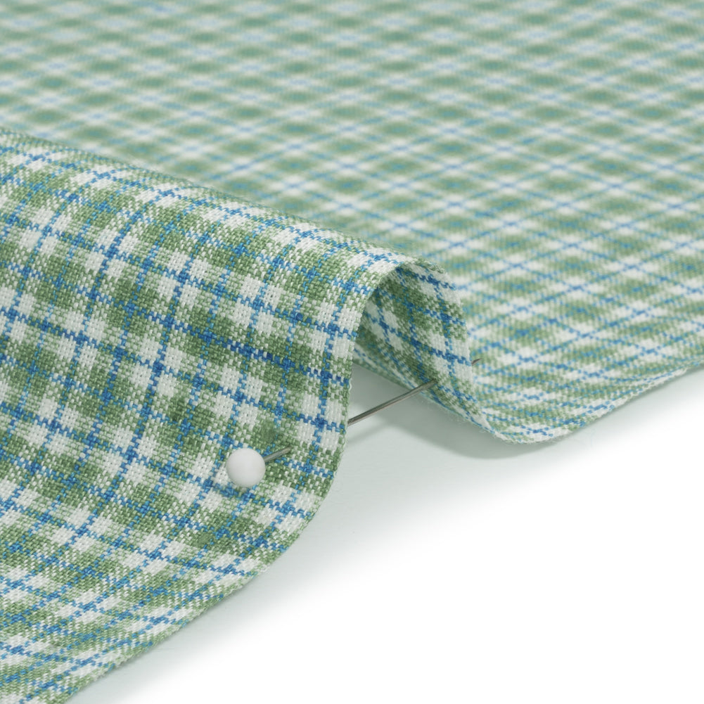 Grass Green, Blue and White Plaid Medium Weight Linen Woven Detail