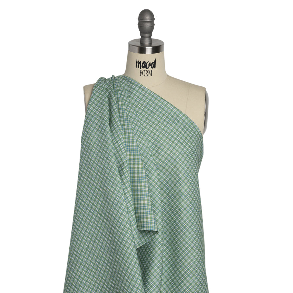 Grass Green, Blue and White Plaid Medium Weight Linen Woven Drape
