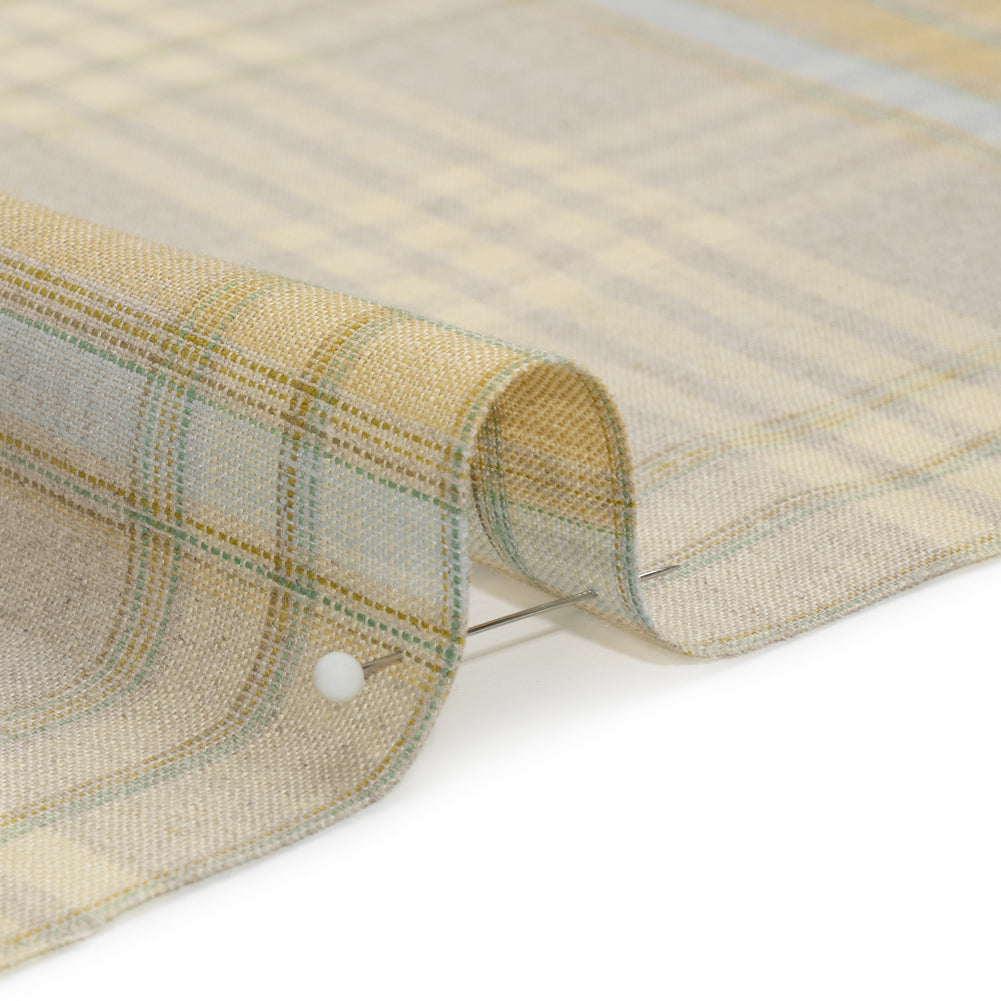 Oatmeal, Pale Yellow and Baby Blue Plaid Lightweight Linen Woven Detail