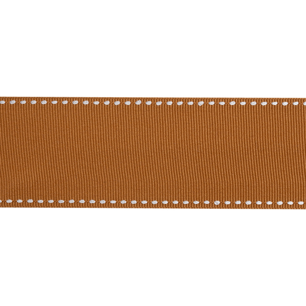Grosgrain Ribbon with White Stitched Borders - Light Brown - 1.5" - Folded