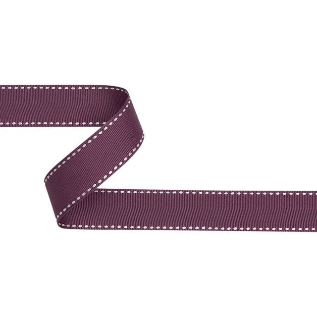 Grosgrain Ribbon with White Stitched Borders - Plum Purple - 1"