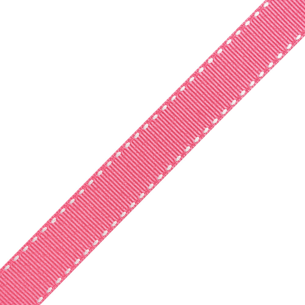 Grosgrain Ribbon with White Stitched Borders - Hot Pink - 0.625" - Folded