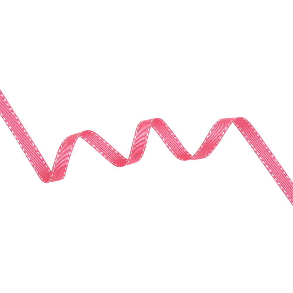 Grosgrain Ribbon with White Stitched Borders - Hot Pink - 0.4375"