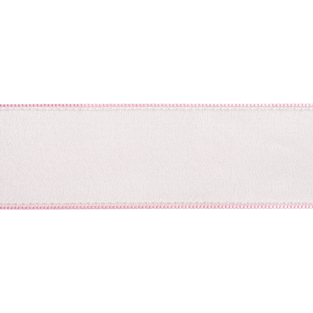 Sheer Ribbon with White Stitched Border - 1.625" - Pink - Folded