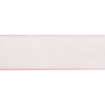 Sheer Ribbon with White Stitched Border - 1.625" - Pink