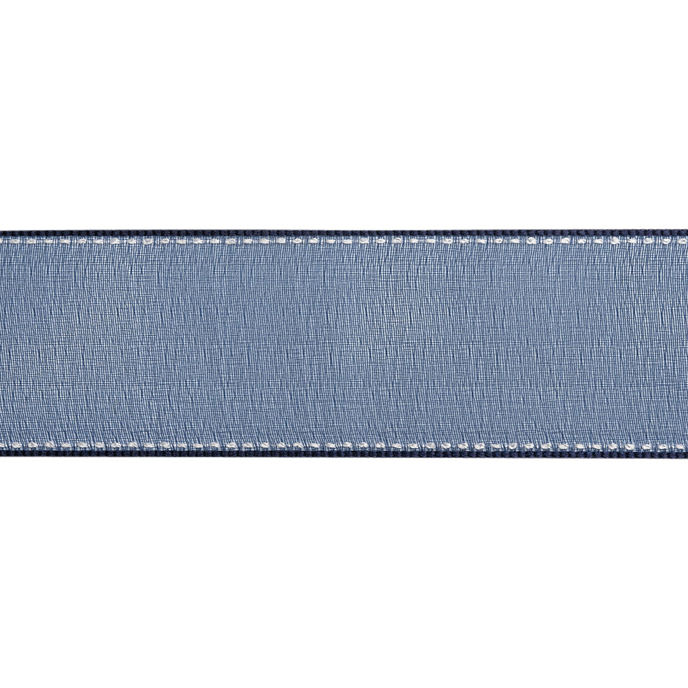 Sheer Ribbon with White Stitched Border - 1.5" - Navy - Folded