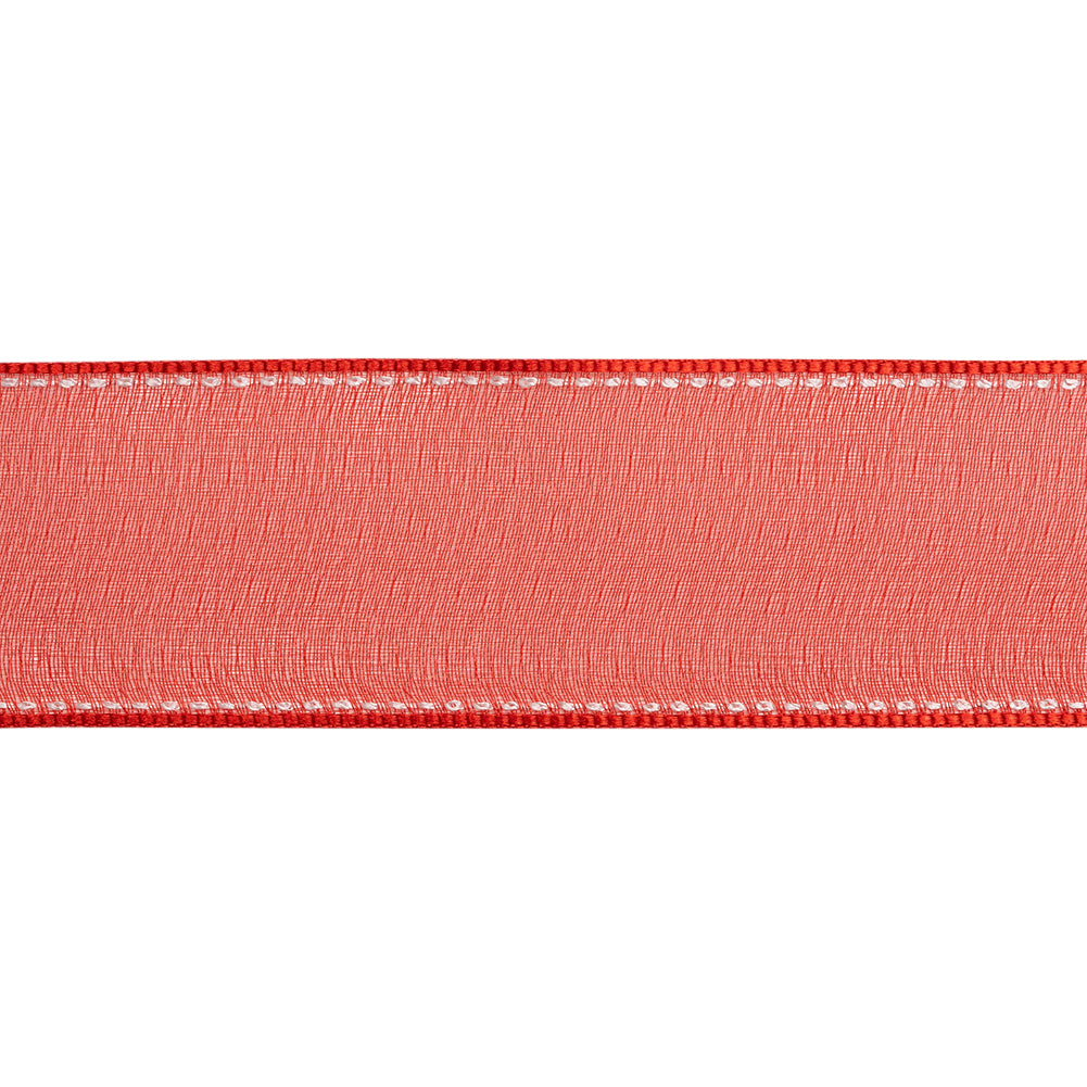 Sheer Ribbon with White Stitched Border - 1.5" - Red - Folded