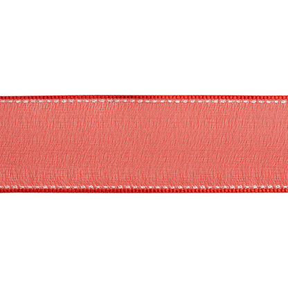 Sheer Ribbon with White Stitched Border - 1.5" - Red