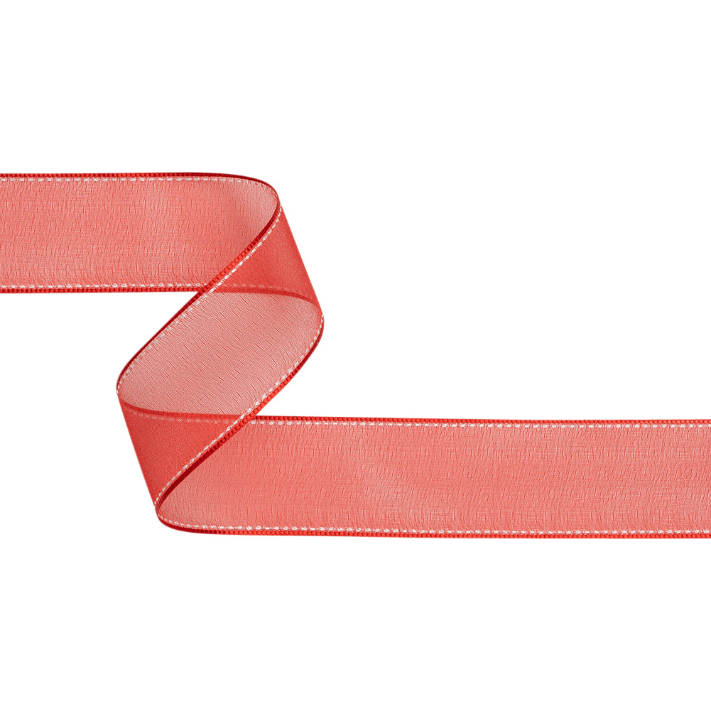 Sheer Ribbon with White Stitched Border - 1.5" - Red