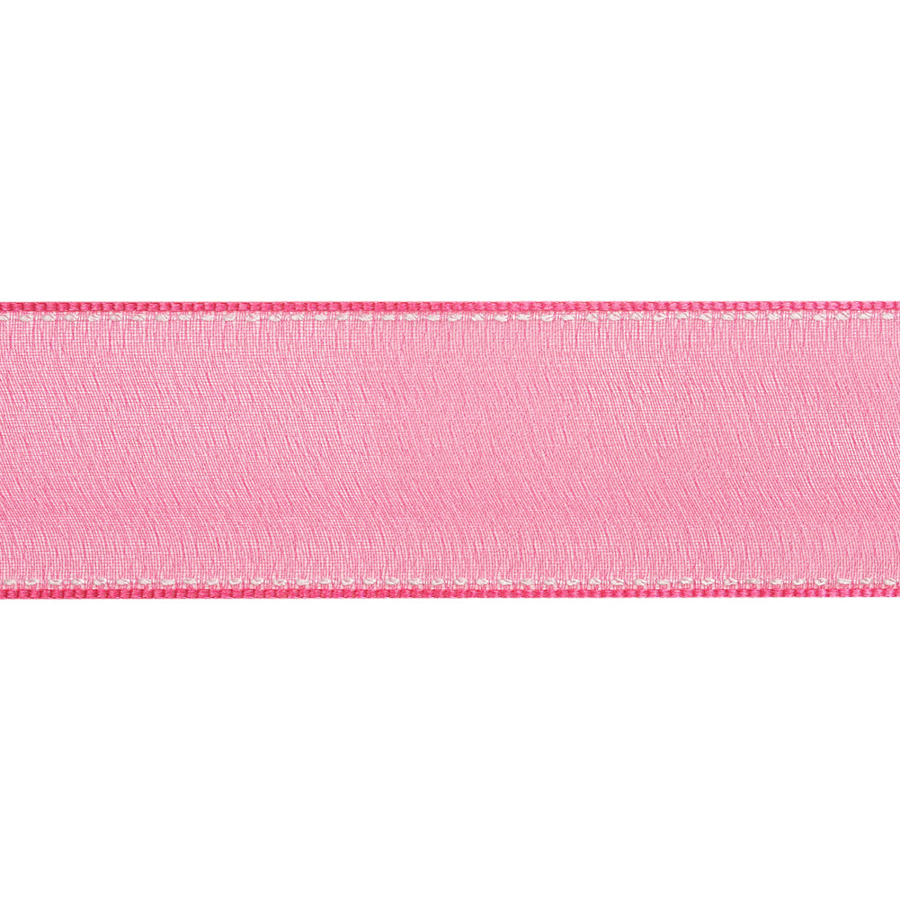 Sheer Ribbon with White Stitched Border - 1.5" - Fuchsia - Folded