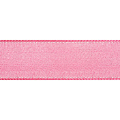 Sheer Ribbon with White Stitched Border - 1.5" - Fuchsia
