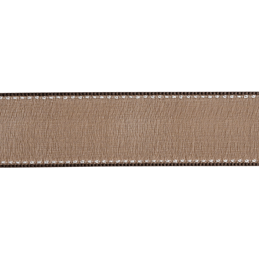 Sheer Ribbon with White Stitched Border - 1" - Brown - Folded