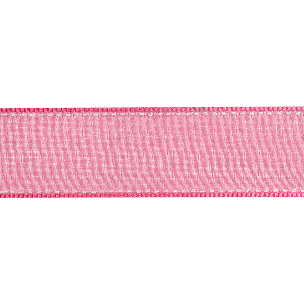 Sheer Ribbon with White Stitched Border - 1" - Fuchsia - Folded