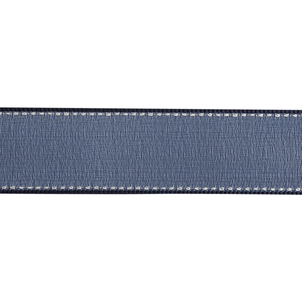 Sheer Ribbon with White Stitched Border - 1" - Navy - Folded