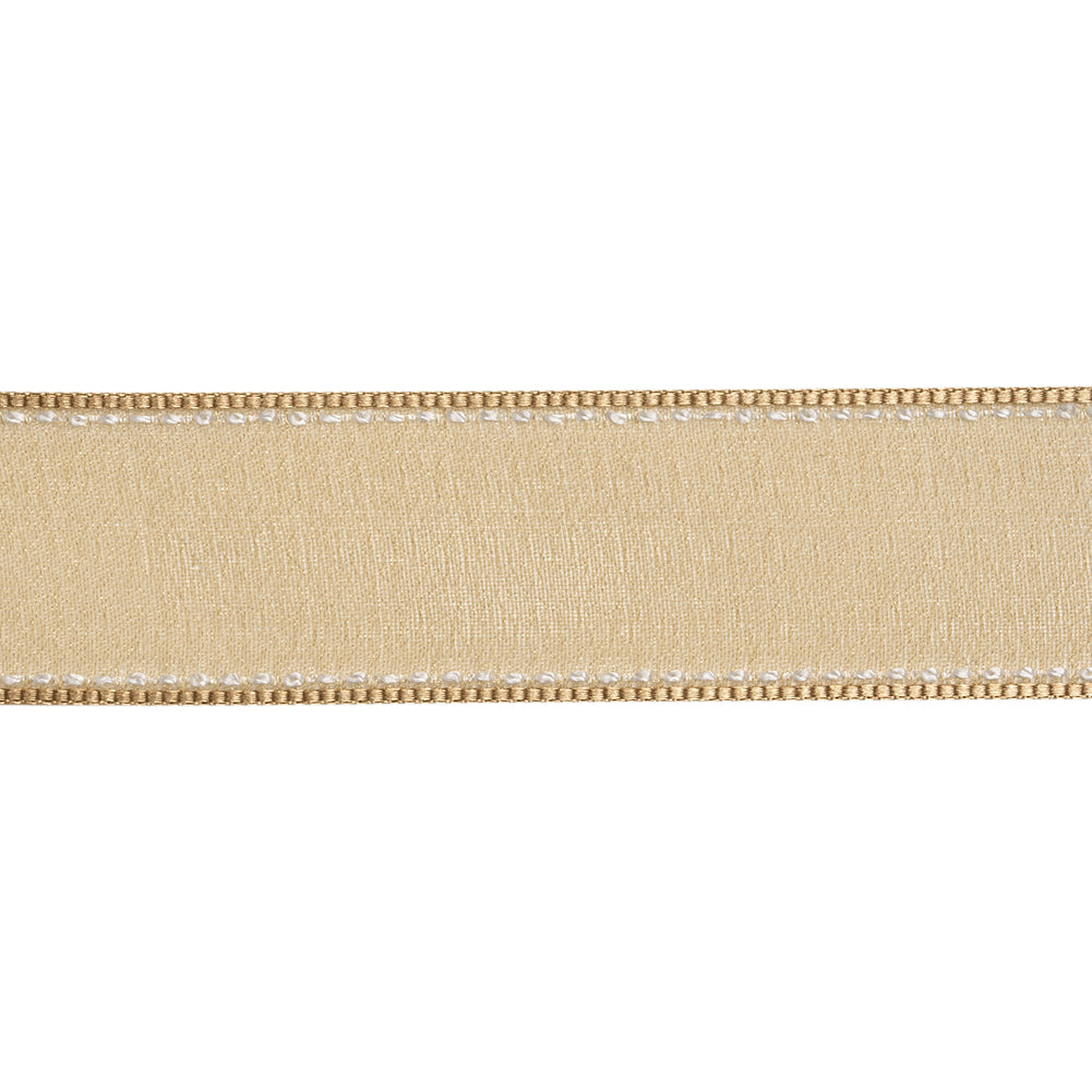 Sheer Ribbon with White Stitched Border - 1" - Coffee