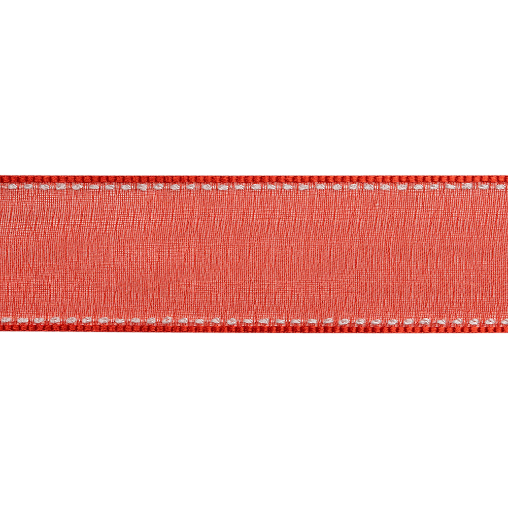 Sheer Ribbon with White Stitched Border - 1" - Red - Folded