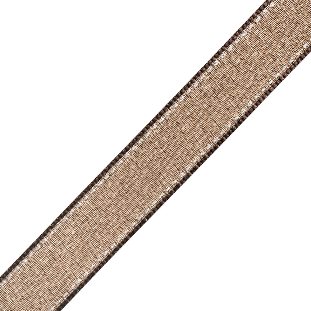Sheer Ribbon with White Stitched Border - 0.75" - Brown - Folded