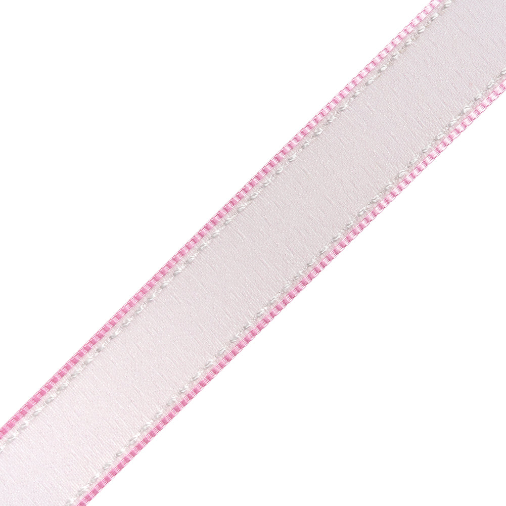 Sheer Ribbon with White Stitched Border - 0.75" - Pink - Folded