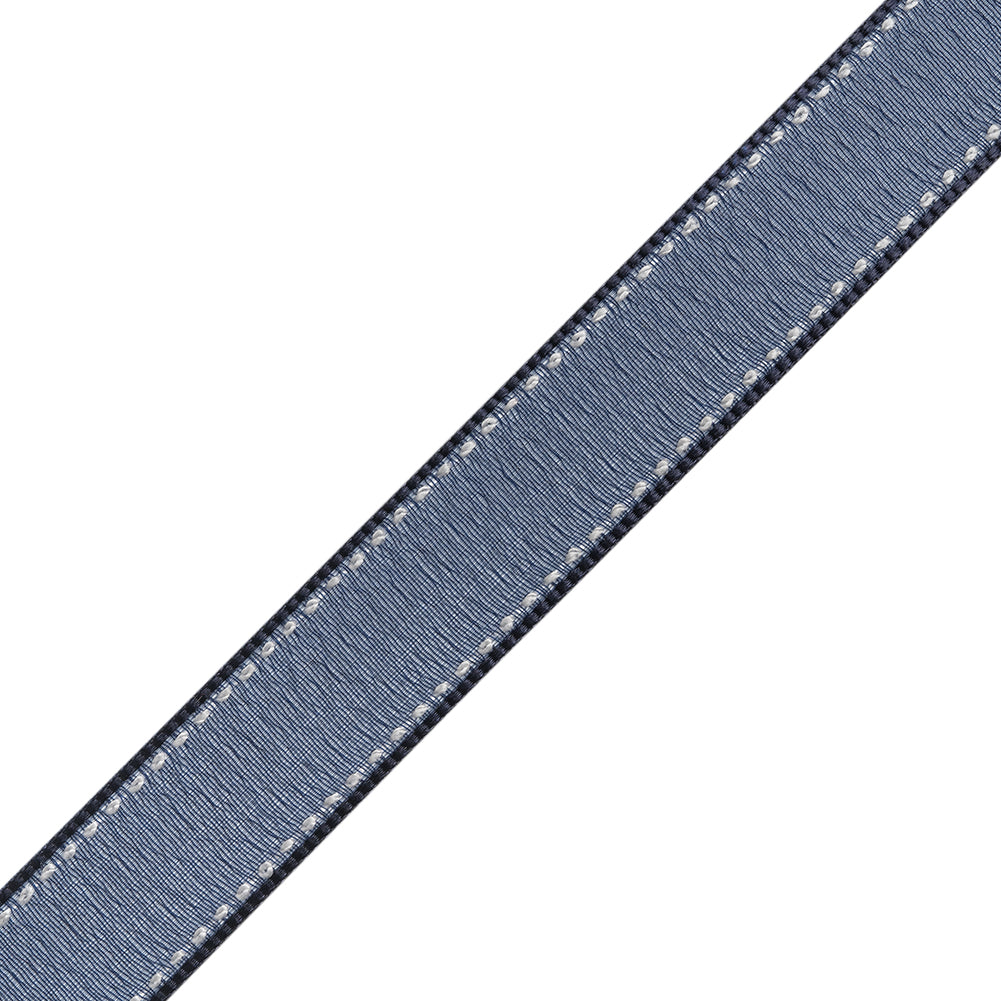 Sheer Ribbon with White Stitched Border - 0.75" - Navy - Folded