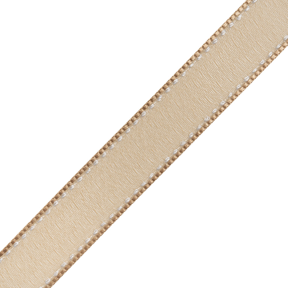Sheer Ribbon with White Stitched Border - 0.75" - Coffee - Folded
