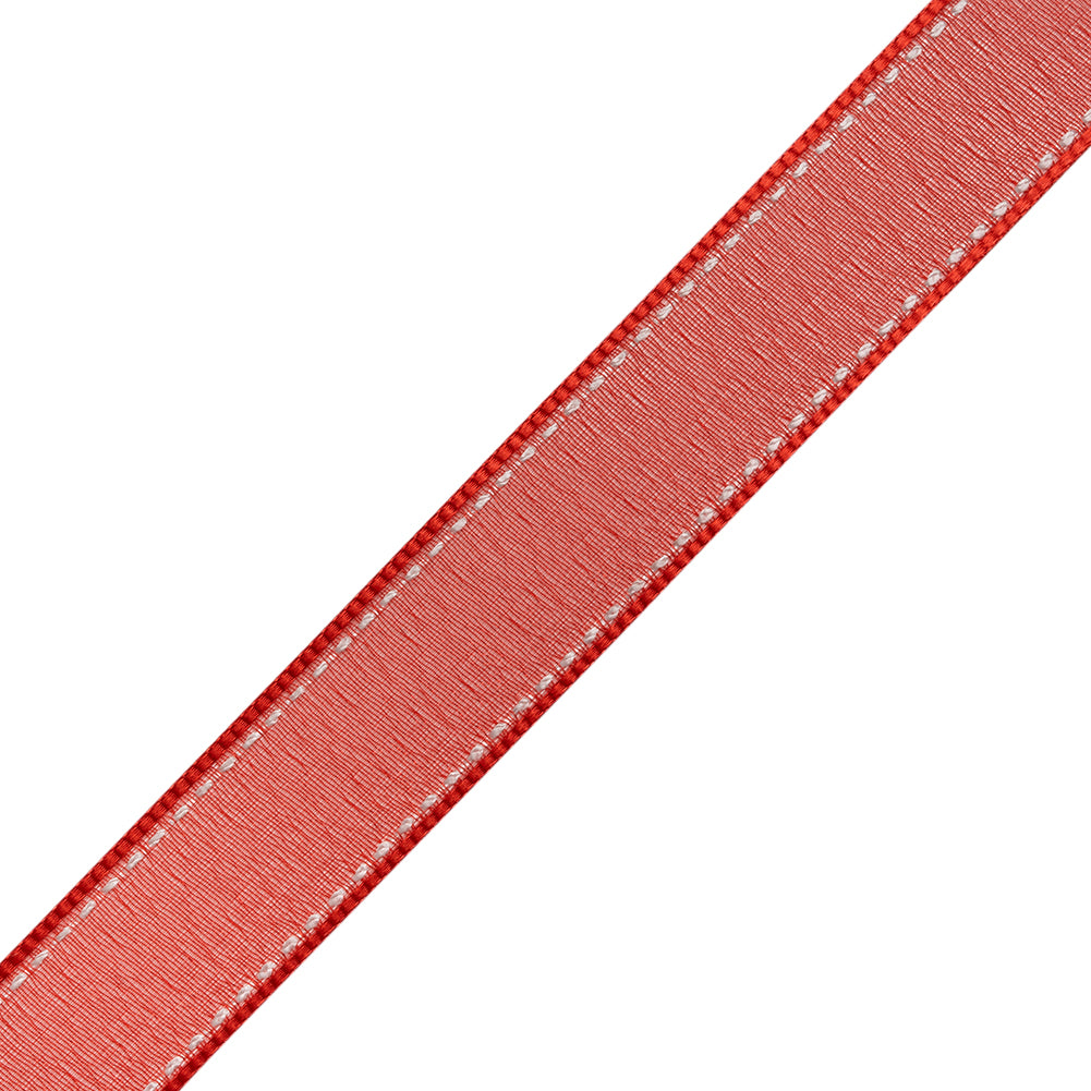 Sheer Ribbon with White Stitched Border - 0.75" - Red - Folded