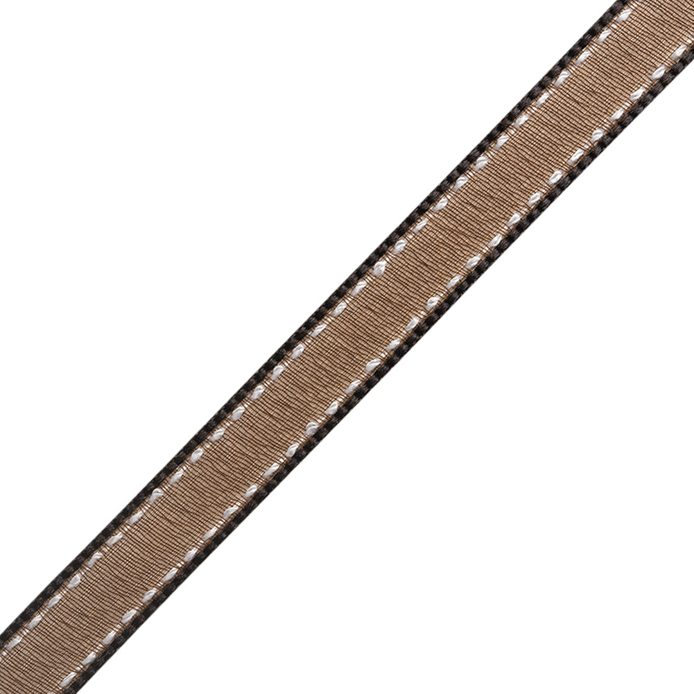 Sheer Ribbon with White Stitched Border - 0.5" - Brown - Folded