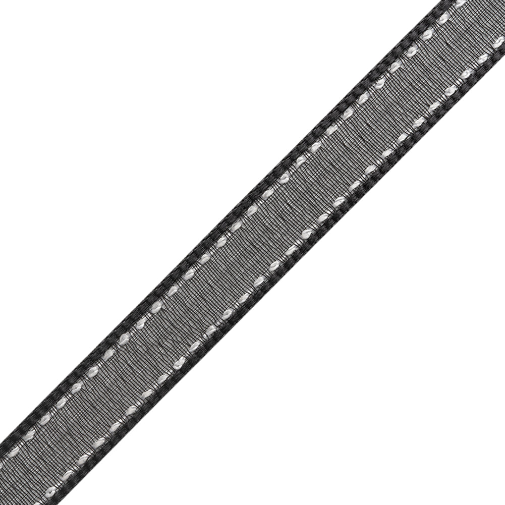 Sheer Ribbon with White Stitched Border - 0.5" - Black - Folded