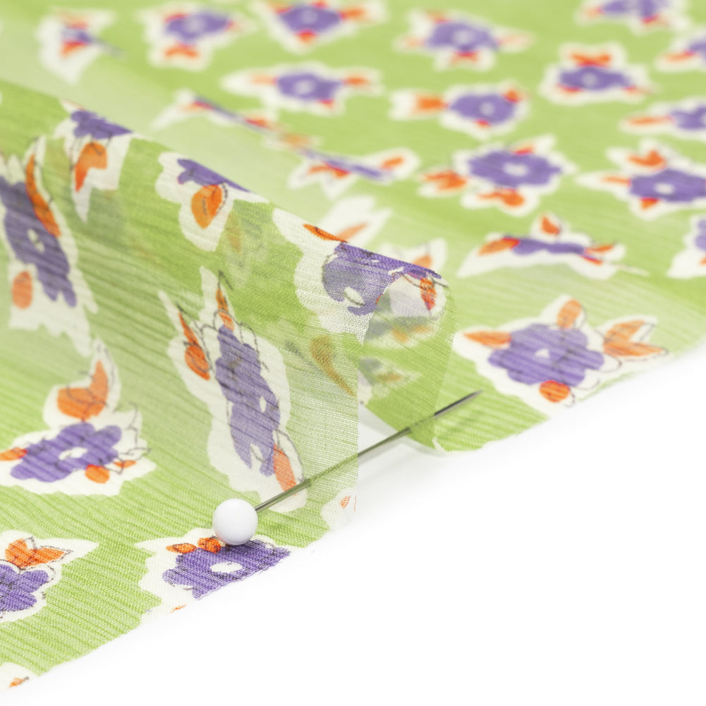 Green, Purple and Orange Little Flowers Crinkled Silk Chiffon Folded