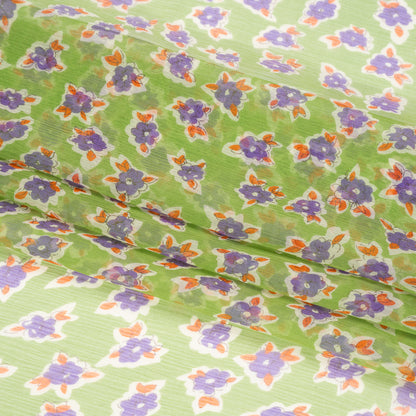 Green, Purple and Orange Little Flowers Crinkled Silk Chiffon Full