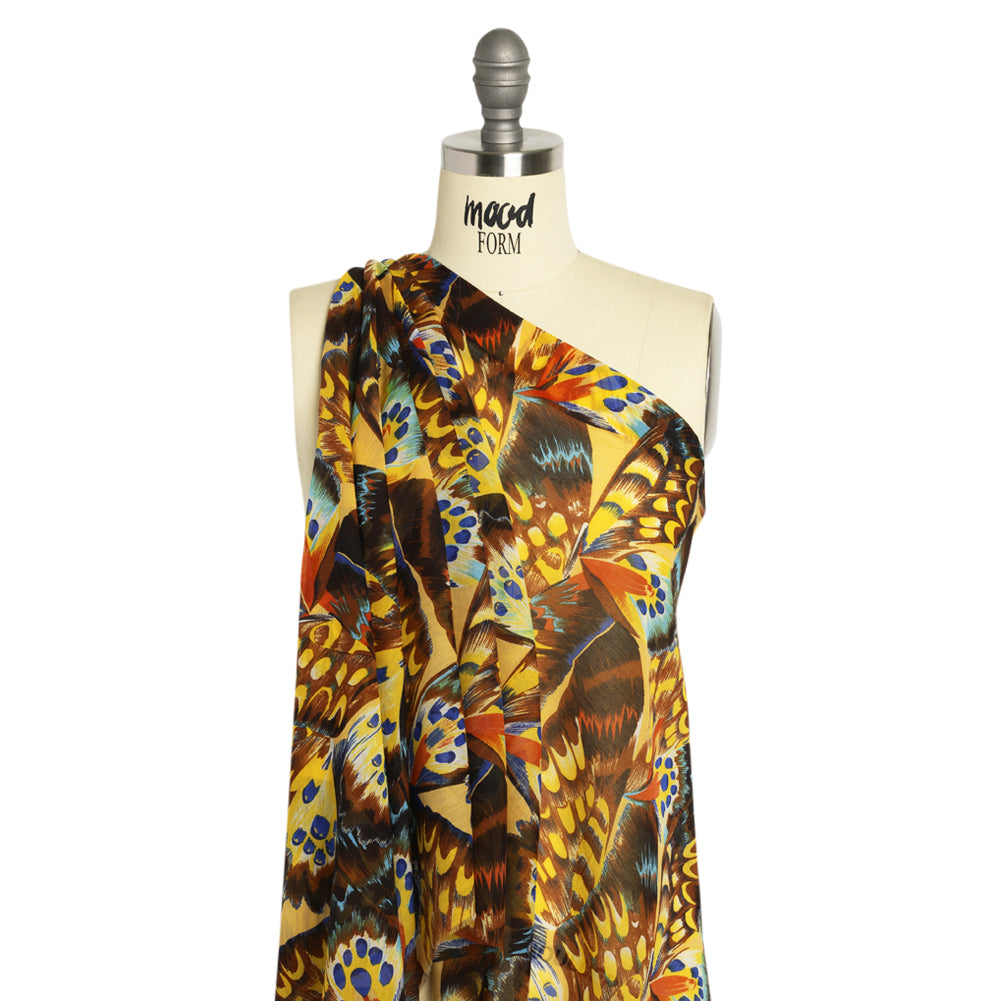 Silk and Cotton Voile - Yellow, Brown and Blue Butterfly Wings Detail