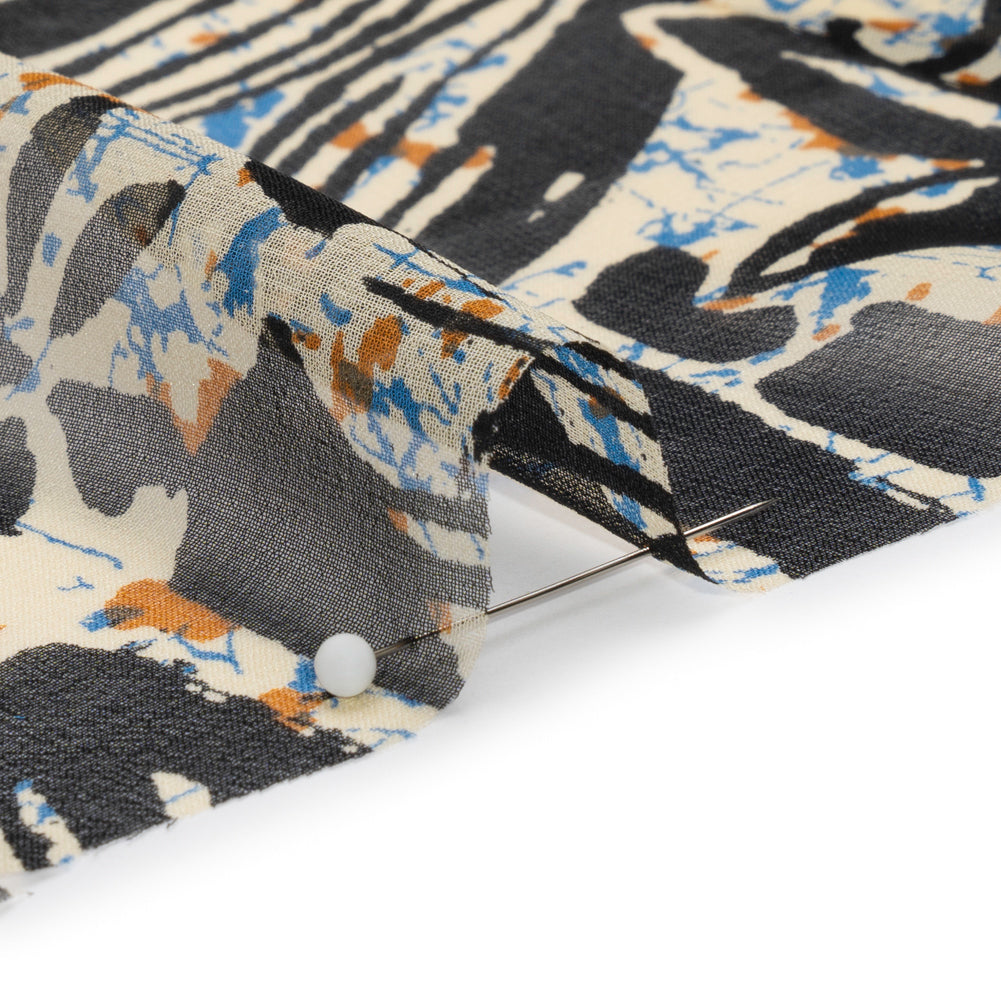 Blue, Orange and Black Wax Resist Floral Silk Chiffon Folded