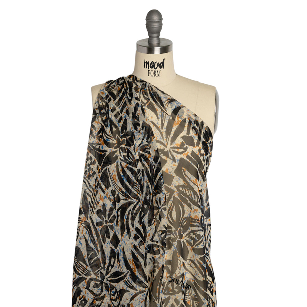 Blue, Orange and Black Wax Resist Floral Silk Chiffon Detail