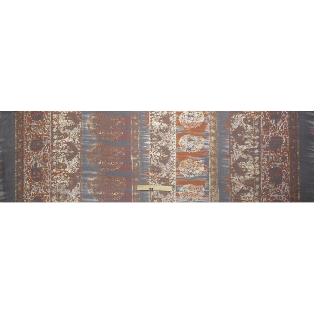 Brown, Rust and Black Decorated Stripes Crinkled Silk Chiffon Drape