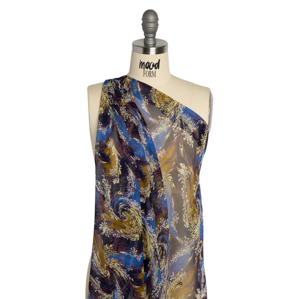 Blue, Purple and Yellow Swirling Bouquets Silk Chiffon Detail
