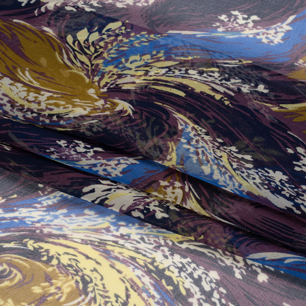 Blue, Purple and Yellow Swirling Bouquets Silk Chiffon Full