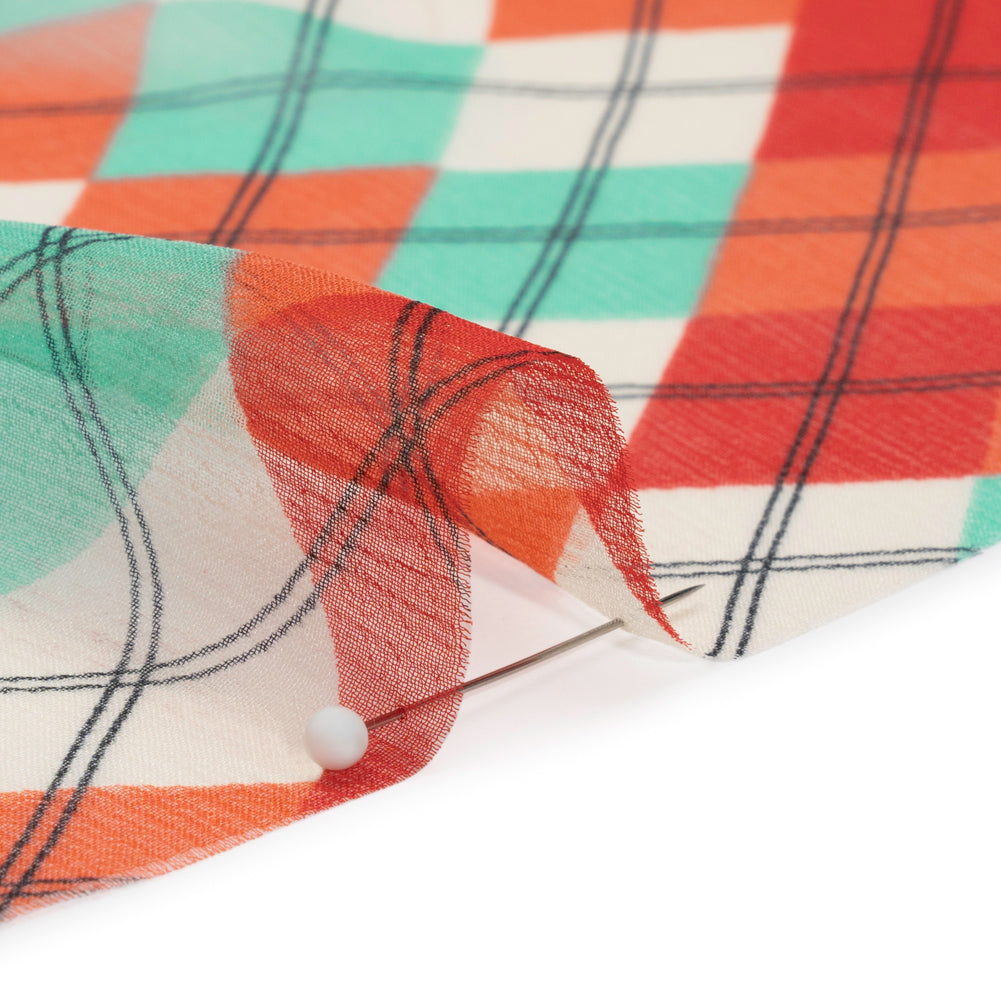 Red, Mint and Cream Argyle Crinkled Silk Chiffon Folded