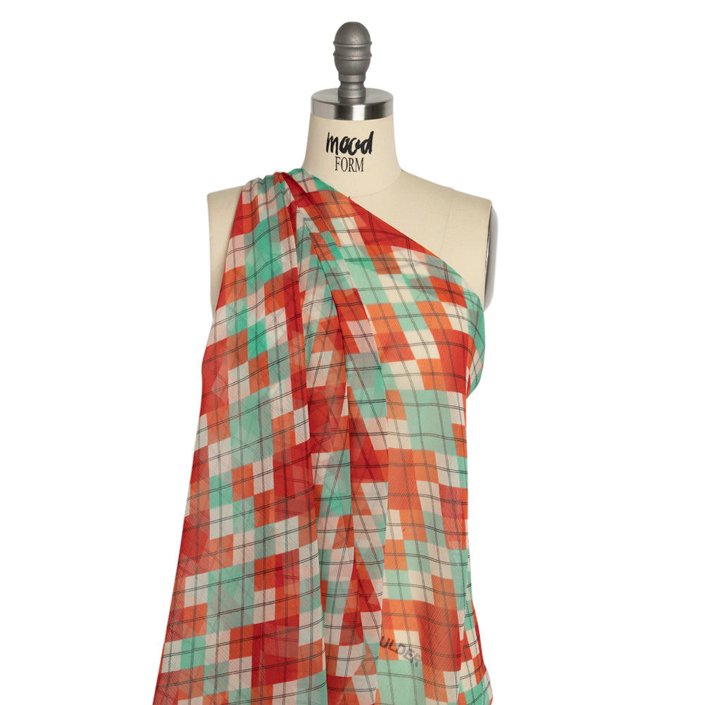 Red, Mint and Cream Argyle Crinkled Silk Chiffon Detail