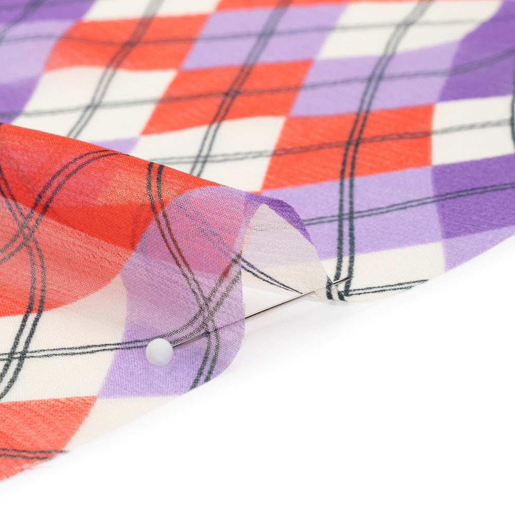 Purple, Red and Cream Argyle Crinkled Silk Chiffon Folded